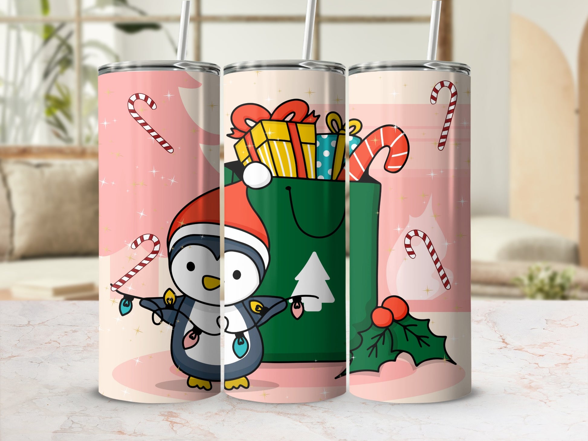 Cute Christmas Penguin with Gifts and Candy Canes Tumbler