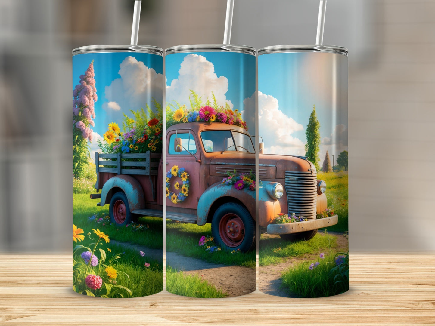 Vintage truck with flowers on a rustic background.