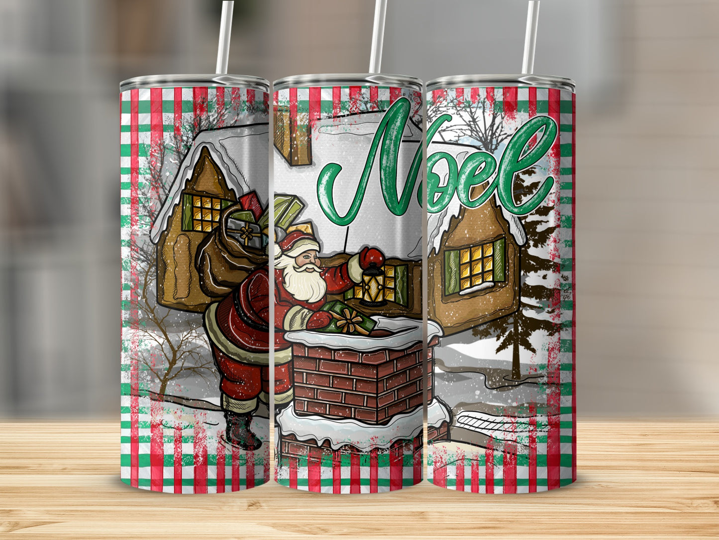 Santa Claus climbs a chimney on a "Noel" themed tumbler with a checkered background.