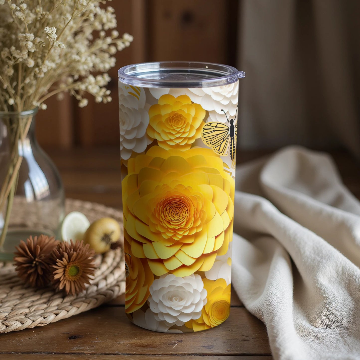 Bright Yellow Floral Tumbler with Butterfly Design