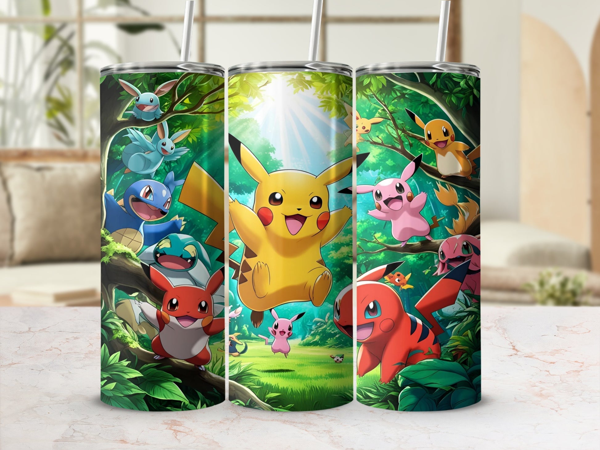 Pokemon characters Pikachu, Squirtle, Charmander, and Clefairy among foliage.