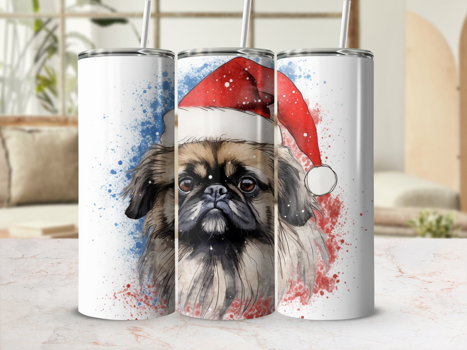 Pug wearing Santa hat with watercolor paint splatters, on three tumblers.