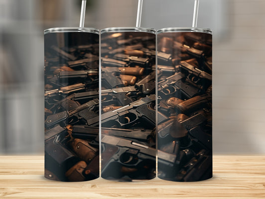 Tumbler featuring a pile of handguns on a wooden surface