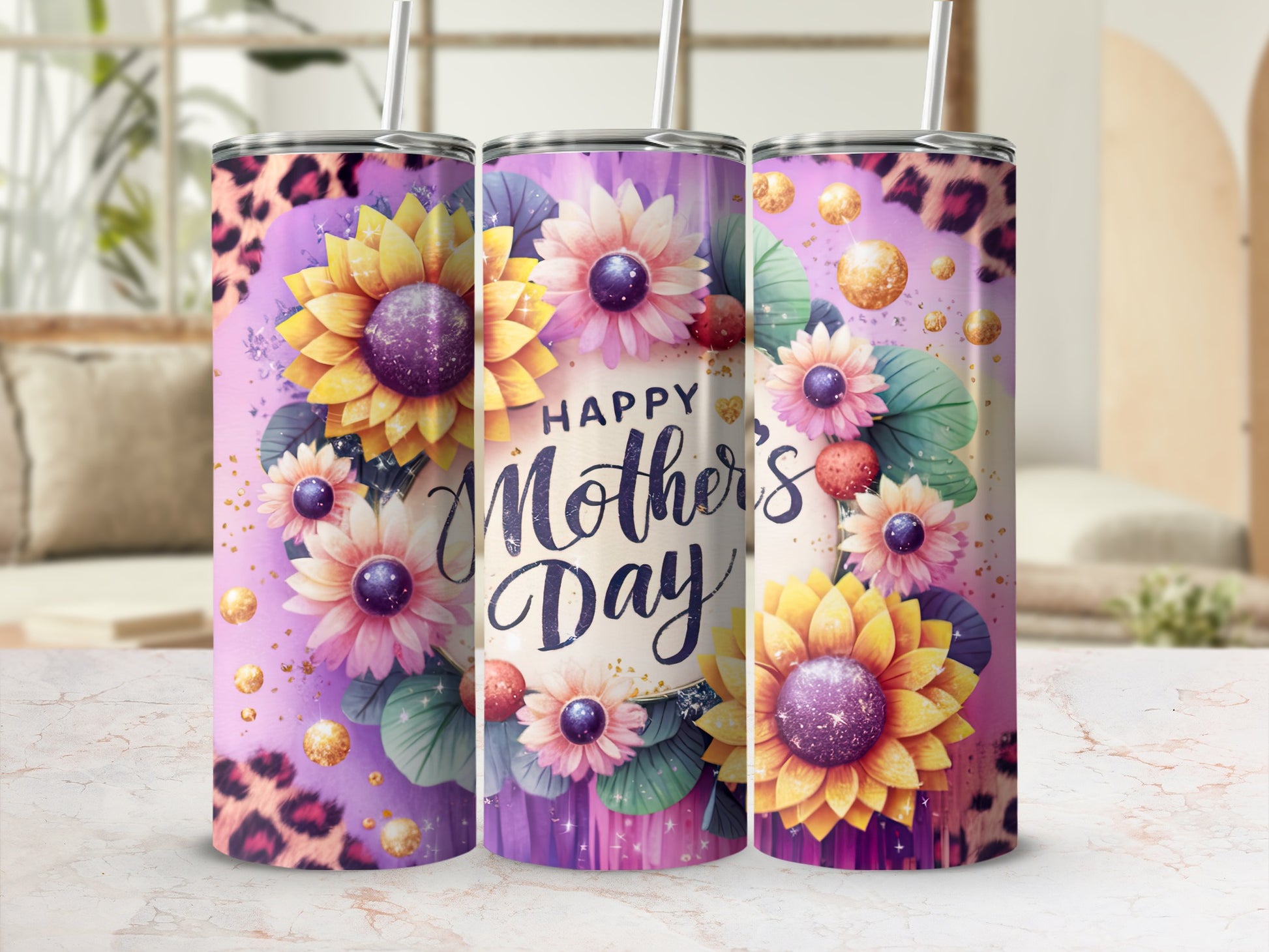 Mother's Day tumbler with sunflowers and leopard print.