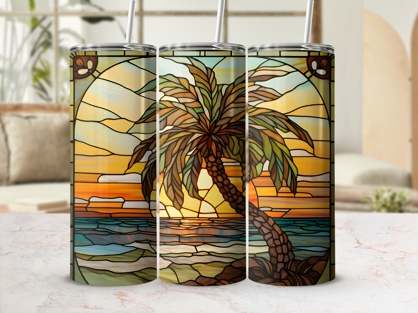 Stained glass tumbler with a tropical palm tree and sunset beach scene.