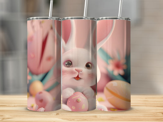 Three tumblers featuring a cute white bunny holding a pink Easter egg.