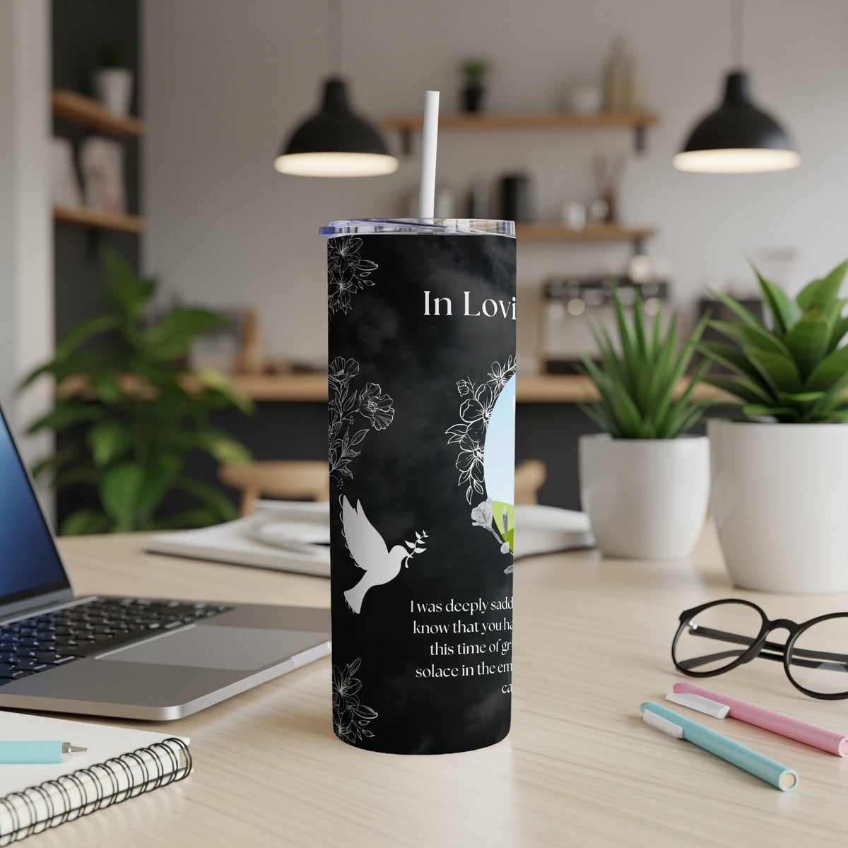 Black tumbler with "In Loving Memory" text, dove, flowers, and memorial message.