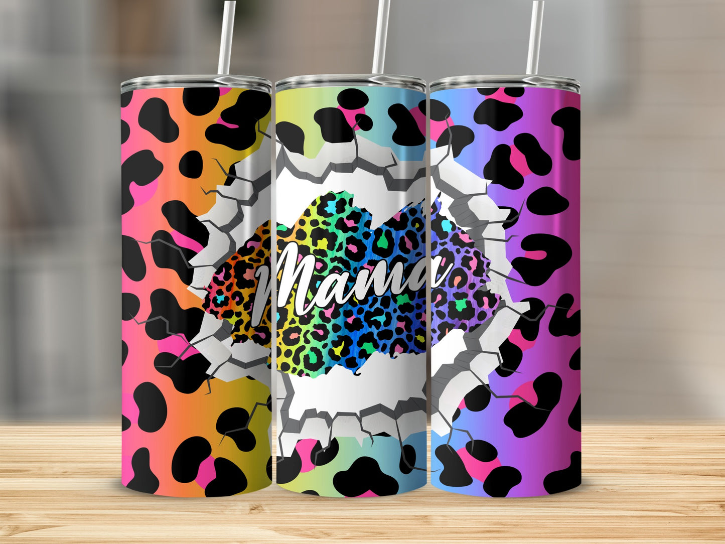 Colorful Leopard Print Tumbler with Mama Design