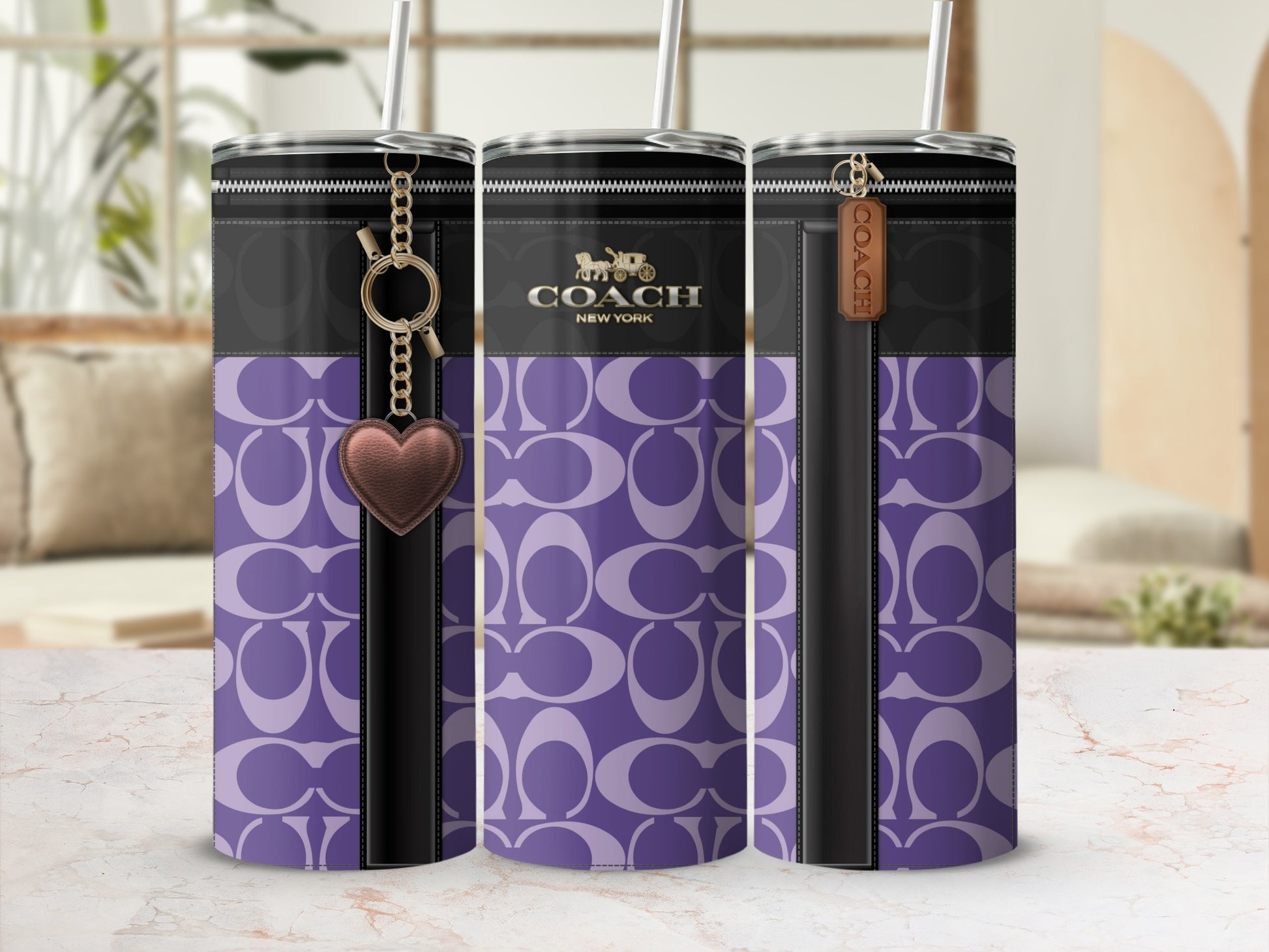 Purple Coach Patterned Design Tumbler with Straw