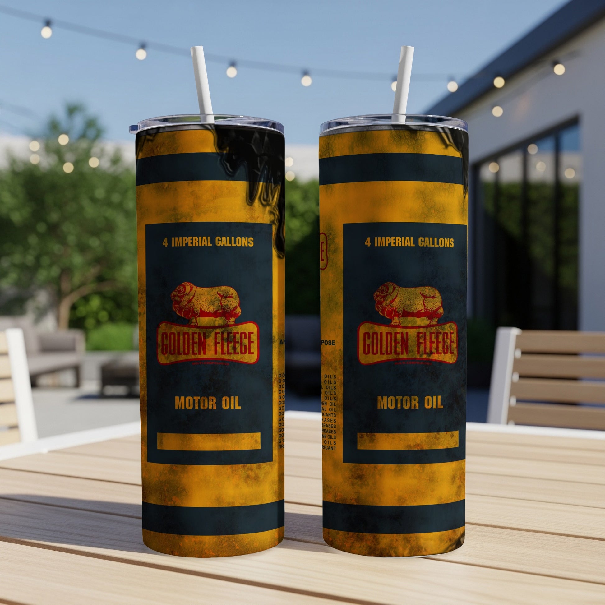 Golden Fleece Motor Oil tumbler with vintage branding.