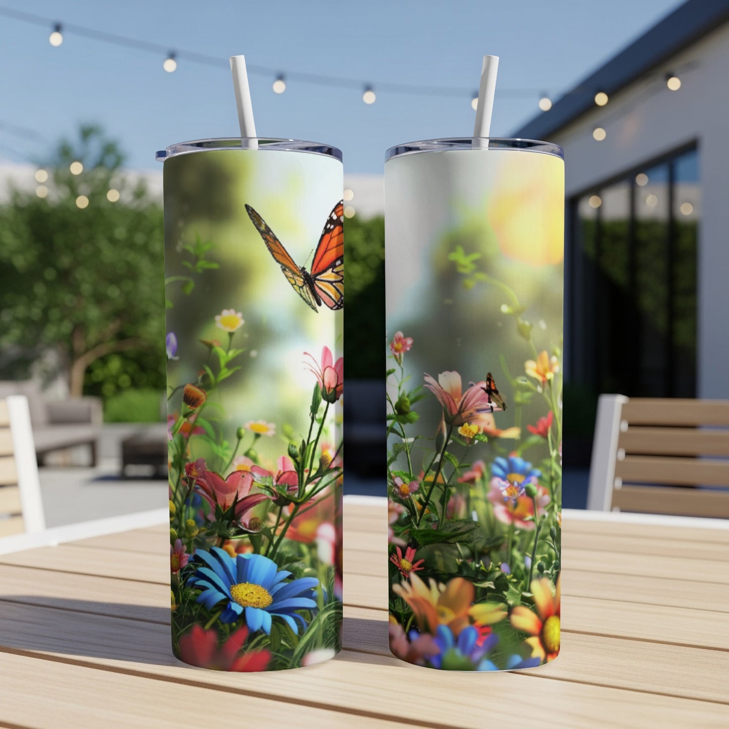 Two tumblers with colorful flowers and a butterfly design.