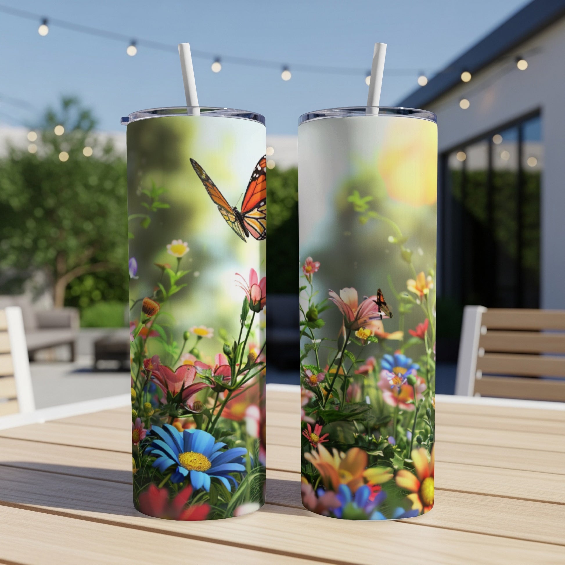 Two tumblers with colorful flowers and a butterfly design.