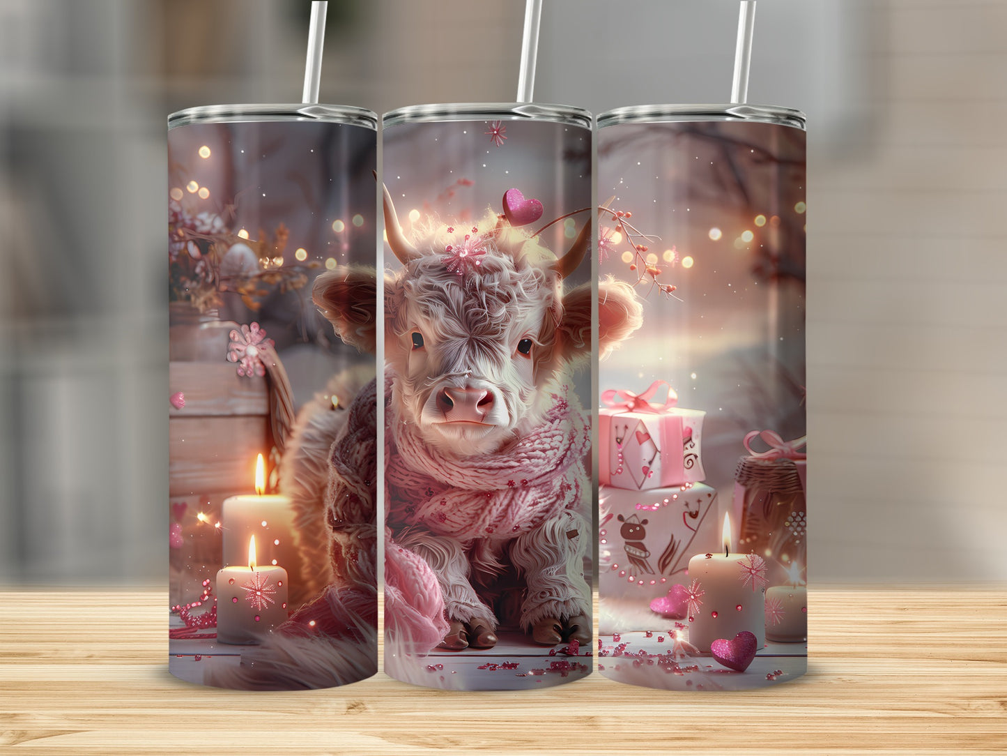 Three tumblers with a fluffy white cow wearing a pink scarf and heart decorations.