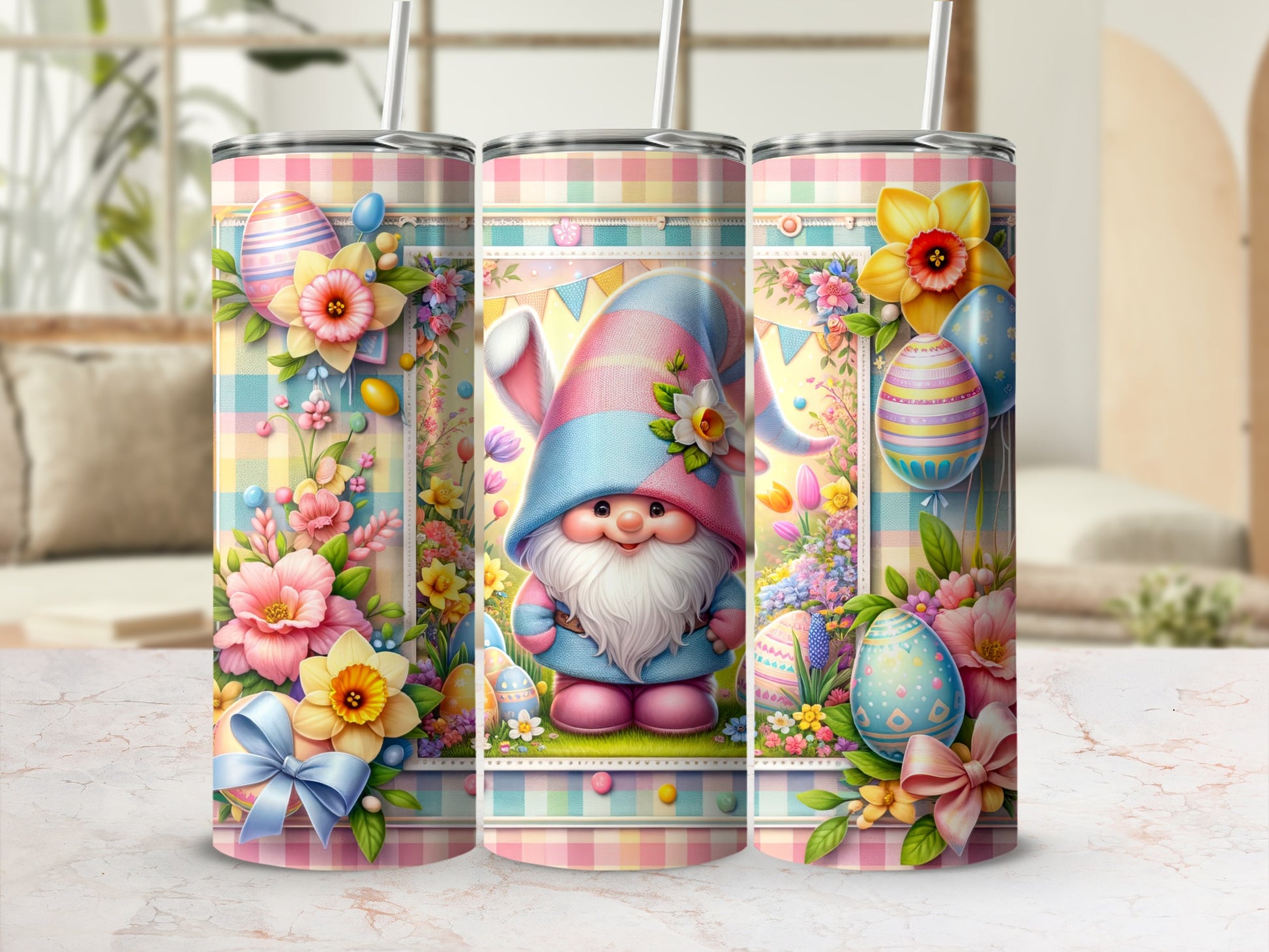 Easter gnome with pastel eggs and flowers on a plaid background.