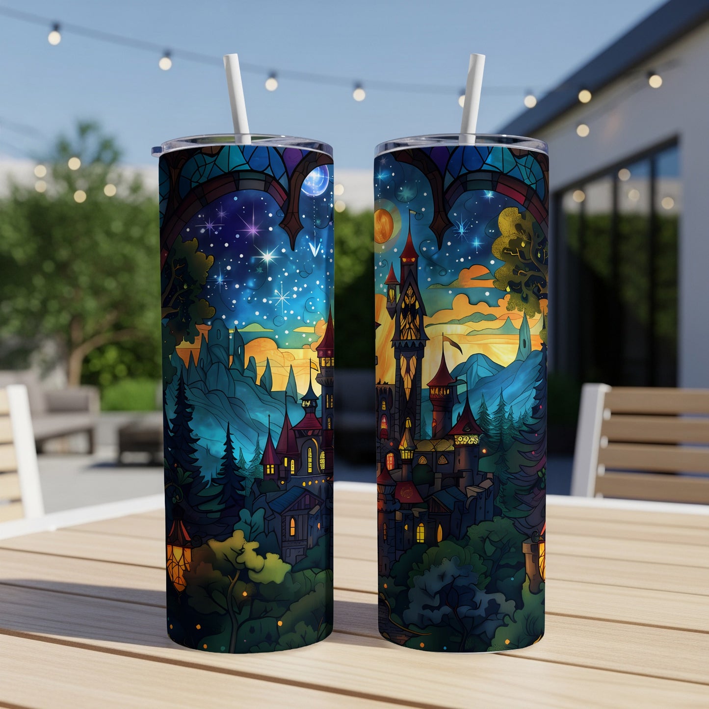 Whimsical castle with starry sky, nestled in mountains and trees.