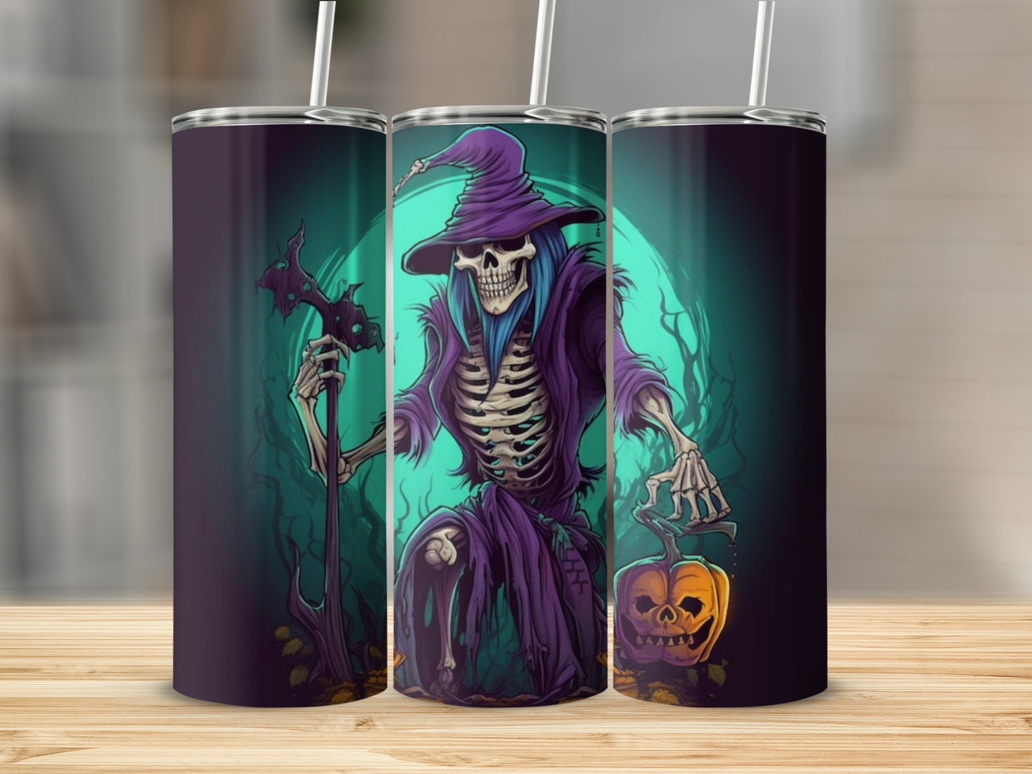 Three tumblers with a Halloween grim reaper skeleton, one holding a staff, one with a pumpkin.