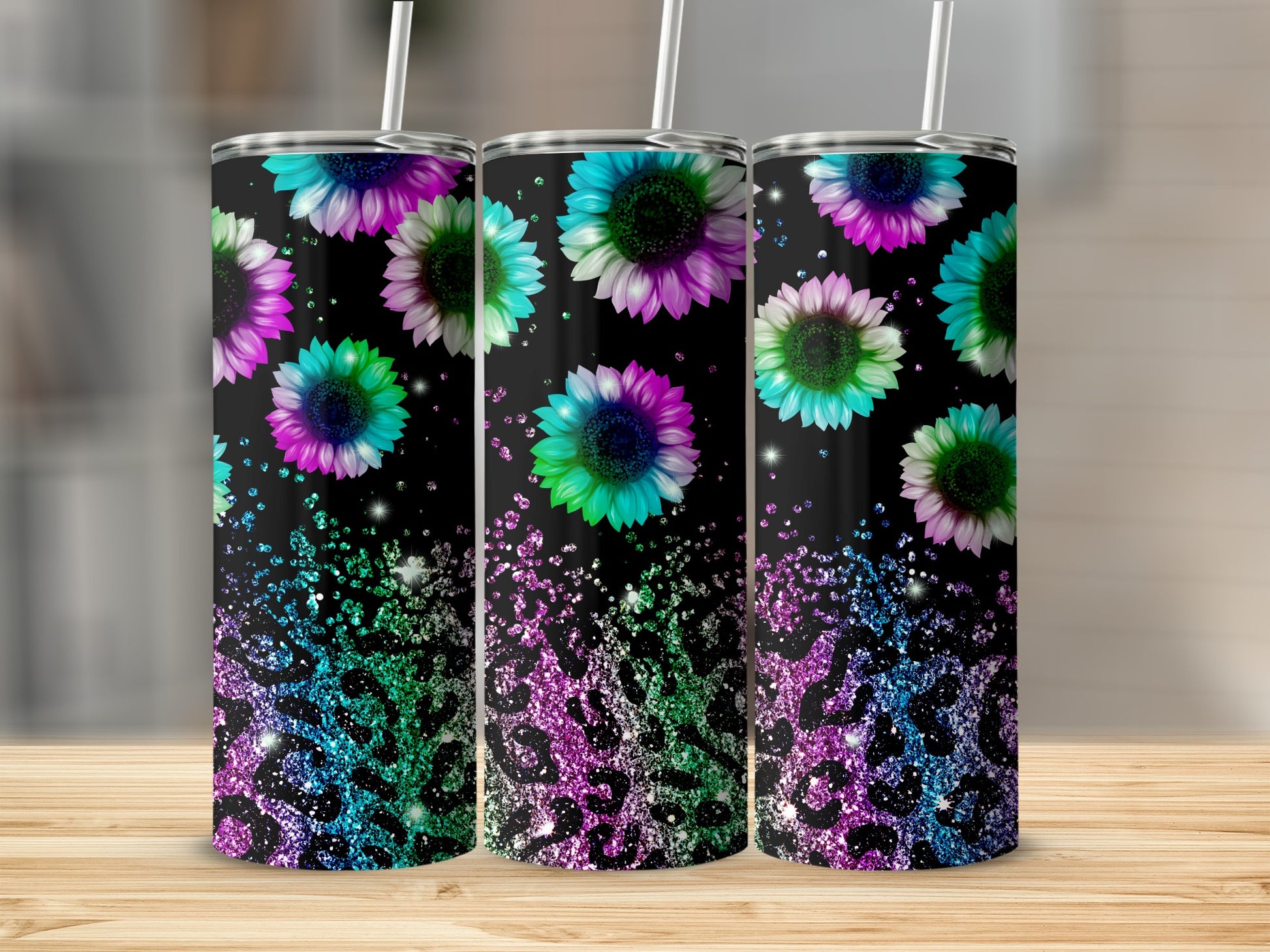 Colorful Floral and Glittery Design Tumbler