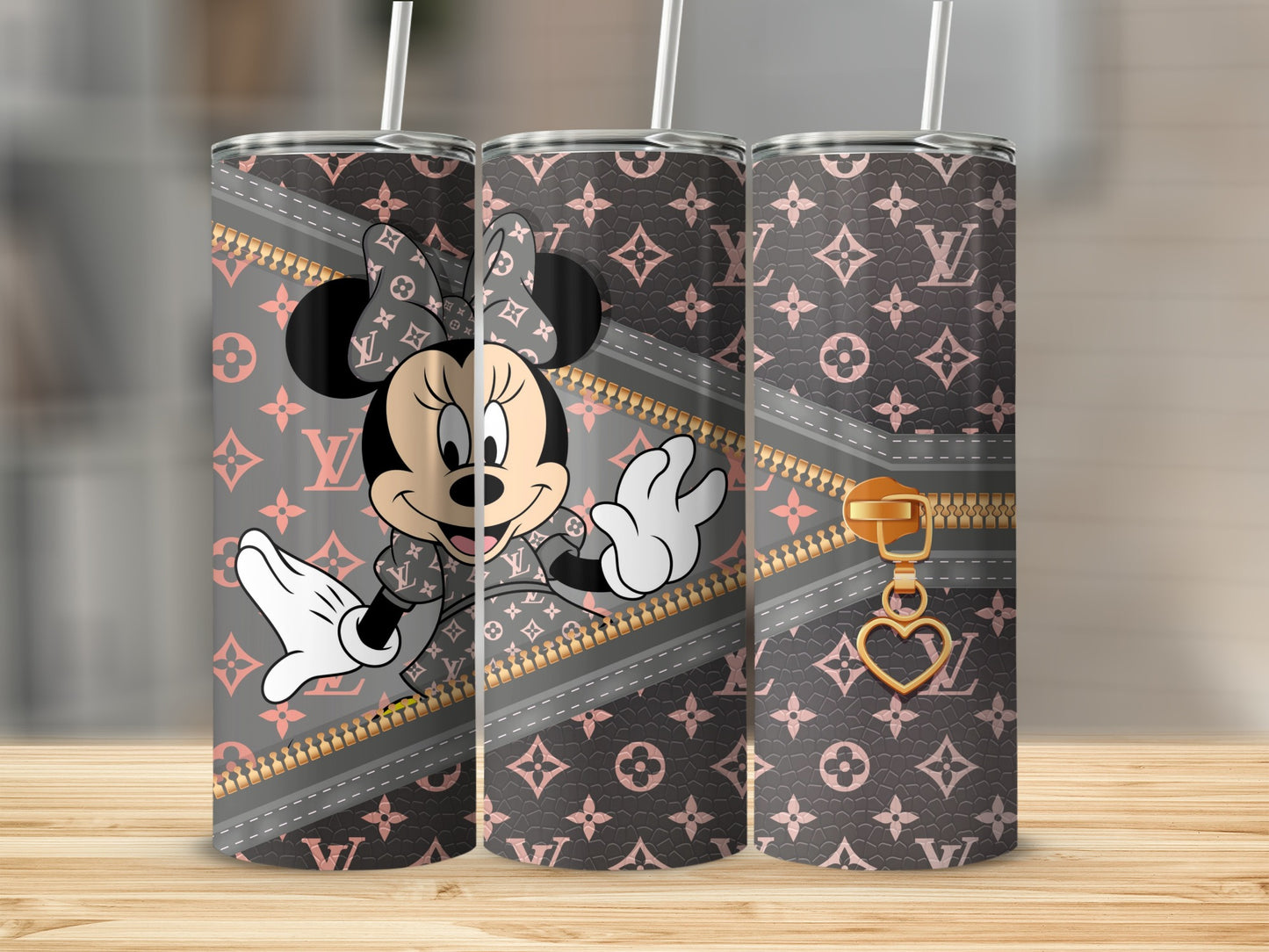 Minnie Mouse in LV pattern tumbler with gold zipper and heart charm.