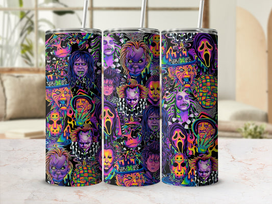 Tumbler with colorful collage of horror movie characters including Chucky and Ghostface.