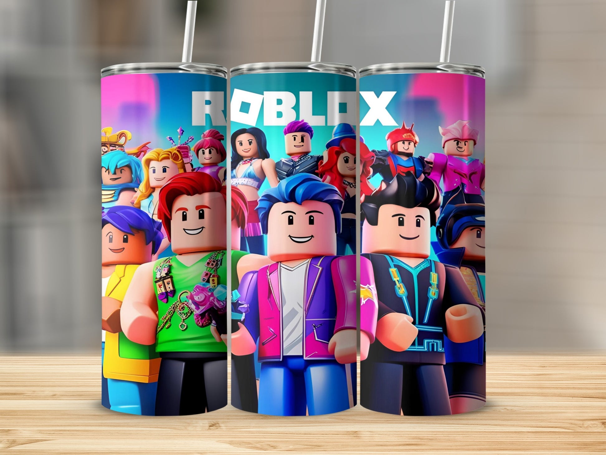 Roblox characters on a colorful tumbler with straws.