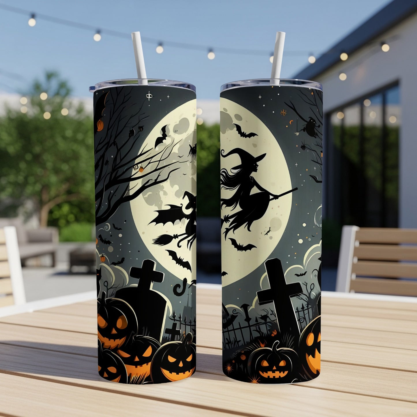 Halloween tumblers with witches, bats, pumpkins, and gravestones under a full moon.