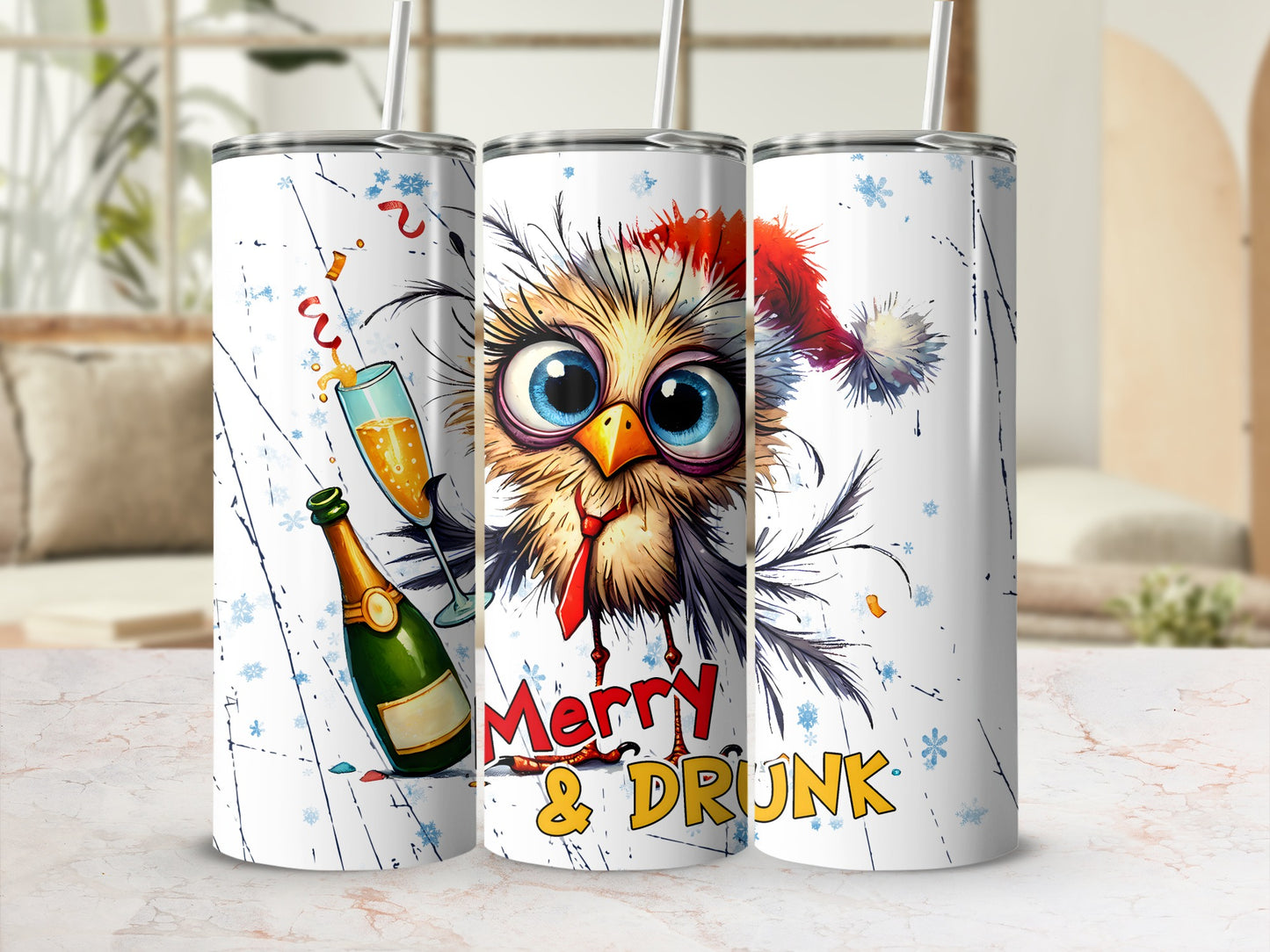 Cartoon owl wearing Santa hat, holding champagne, text "Merry & Drunk".