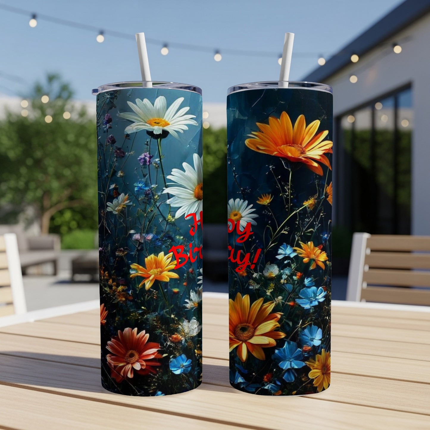 Two tumblers with colorful floral patterns and "Happy Birthday!" text.
