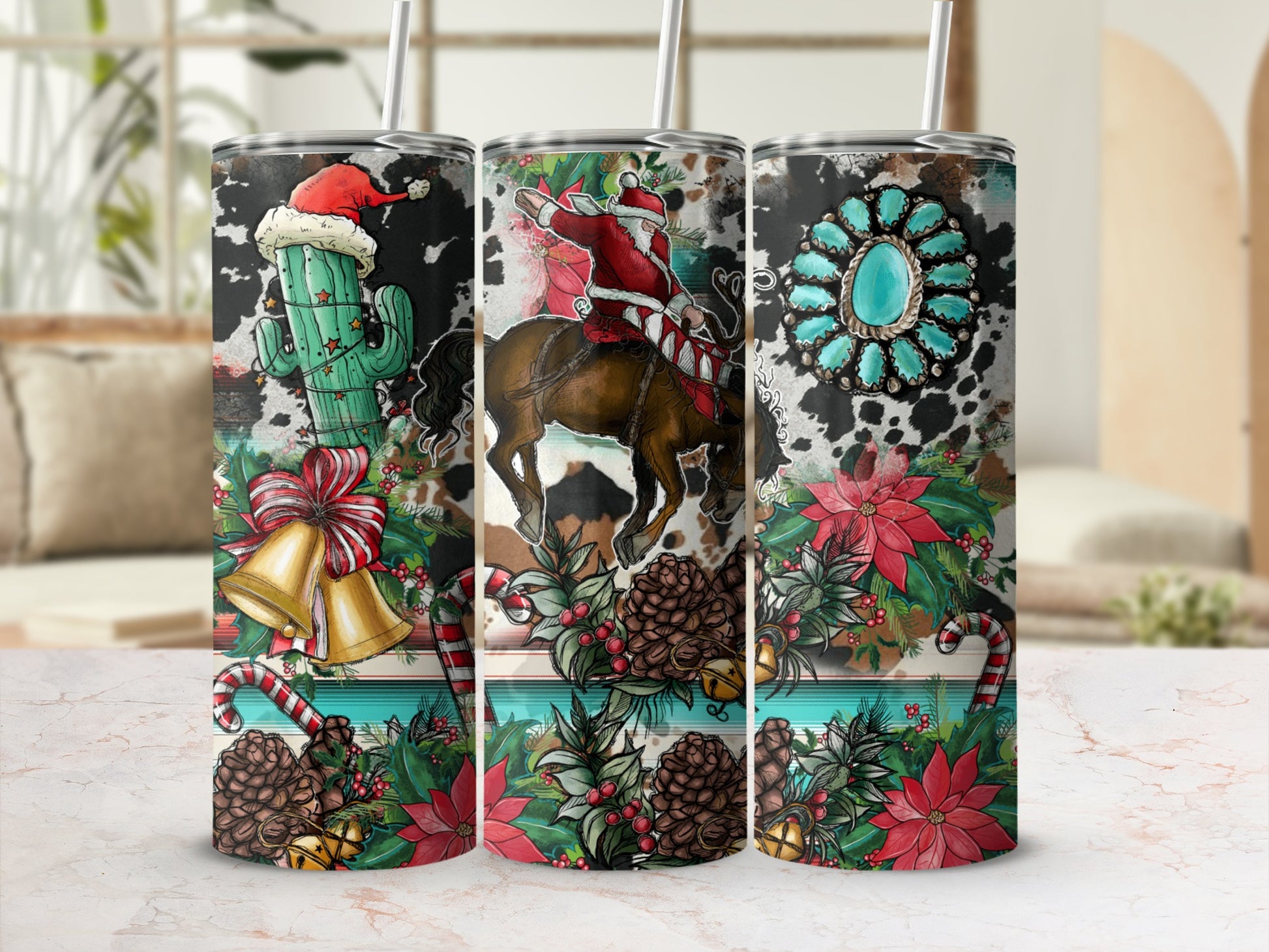 Christmas tumblers with Santa, cactus, bells, poinsettias, and cowhide pattern.