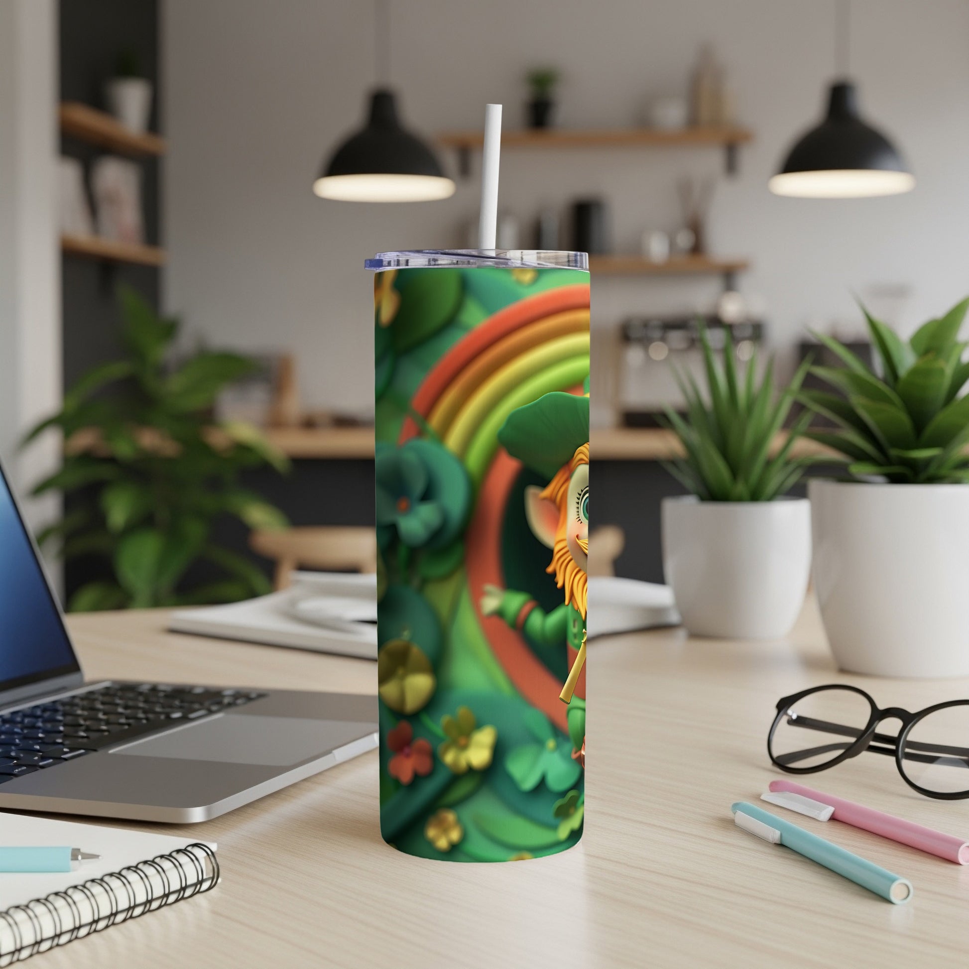 Leprechaun on a green tumbler with rainbow, clover, and flowers.