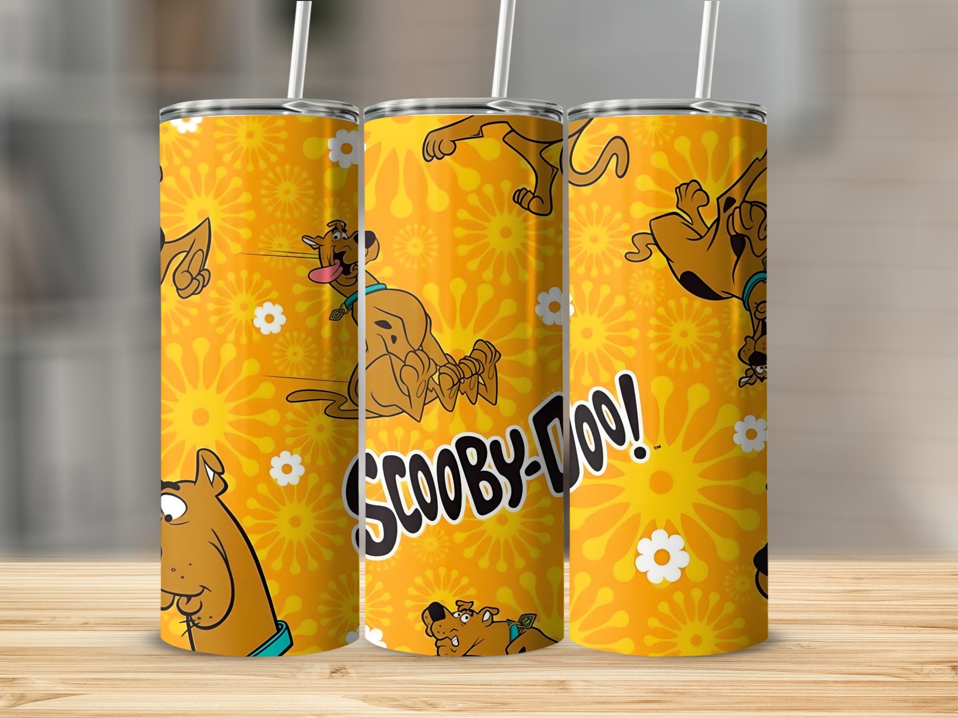 Scooby-Doo! tumbler with cartoon dog and floral pattern.