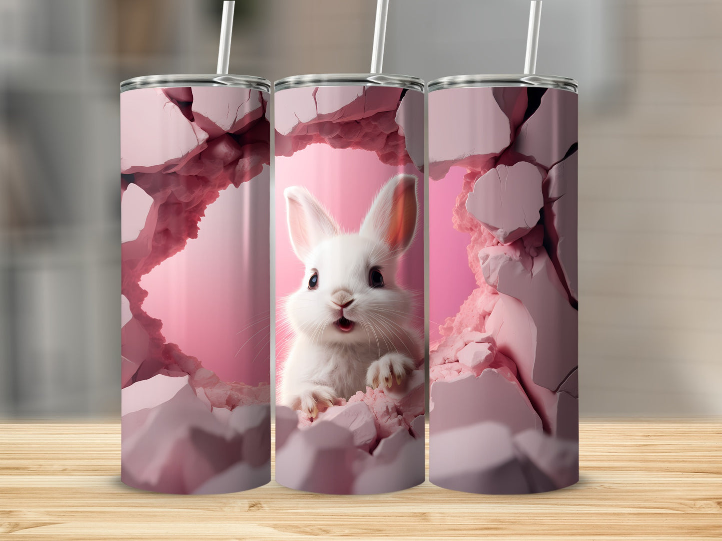 Cute White Bunny Breaking Through Pink Wall Tumbler