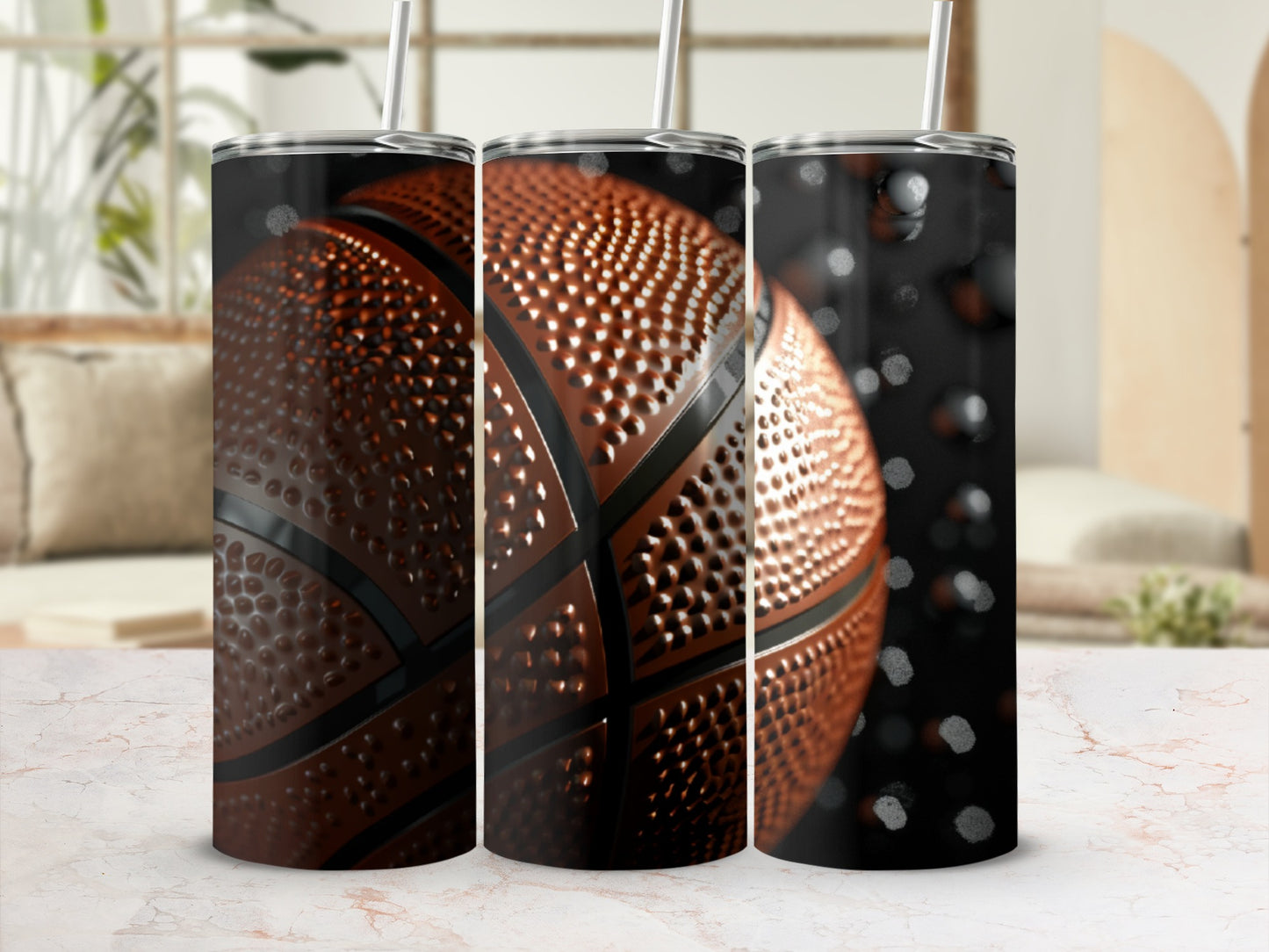Three tumblers featuring a close-up basketball texture design.