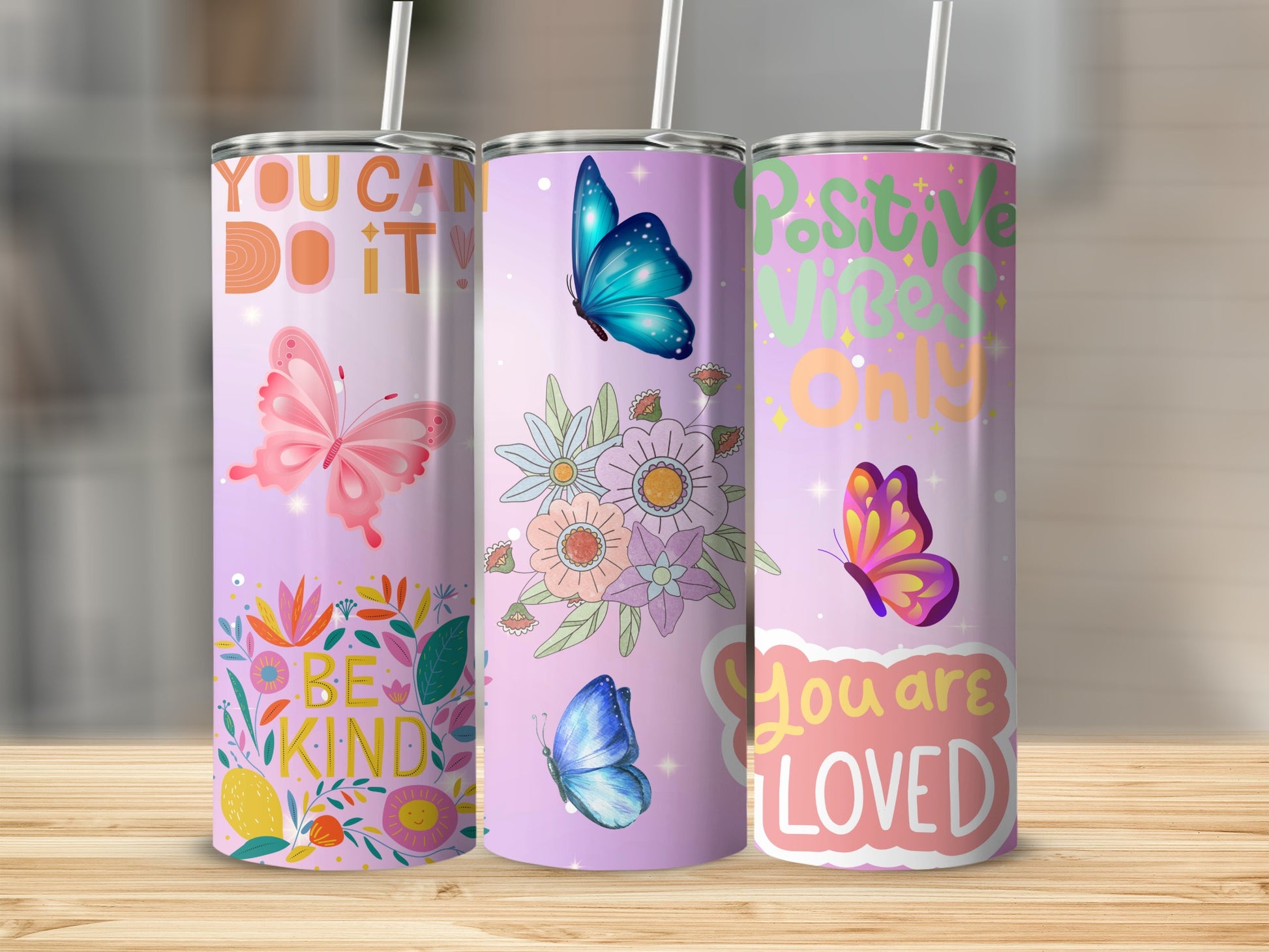 Motivational Gradient Butterfly Floral Tumbler Set