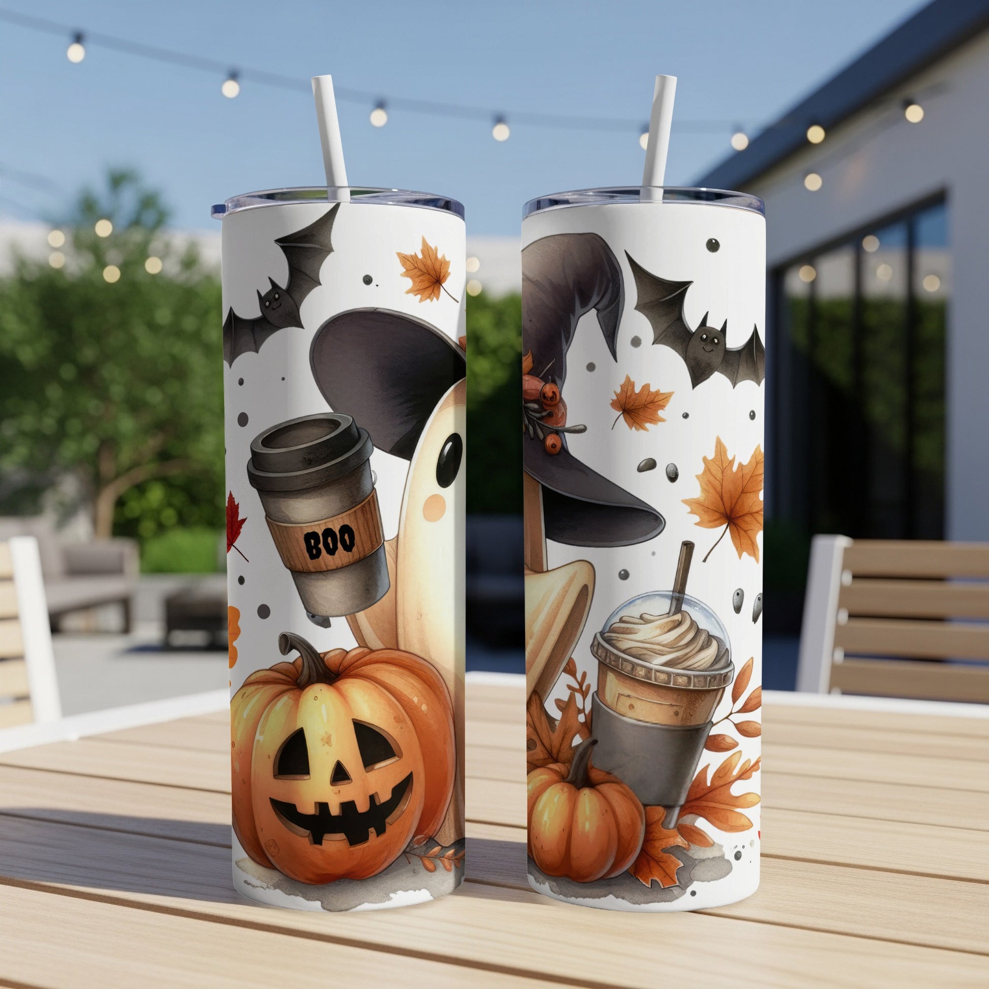 Halloween themed tumblers with ghosts, bats, pumpkins, and coffee cups.