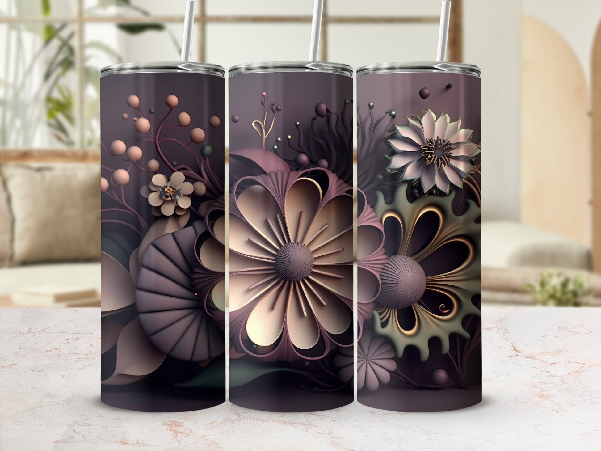 Elegant Floral Design Tumbler with Straw