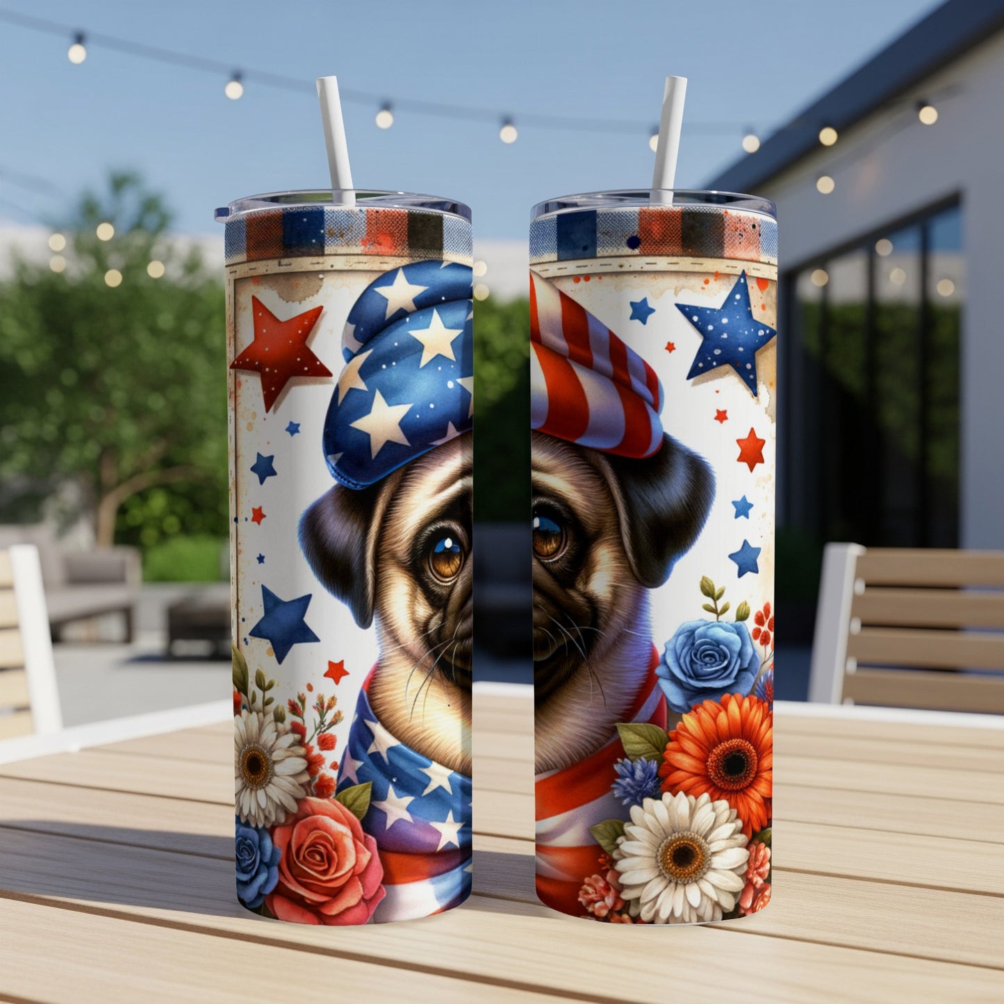 Two patriotic pugs wearing American flag hats and bandanas with flowers.