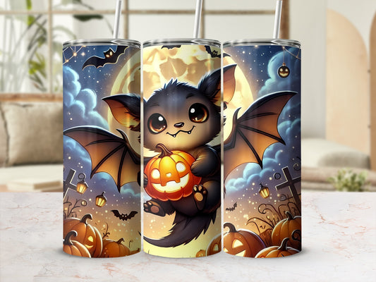 Three tumblers with Halloween-themed designs featuring a cute bat holding a jack-o'-lantern.