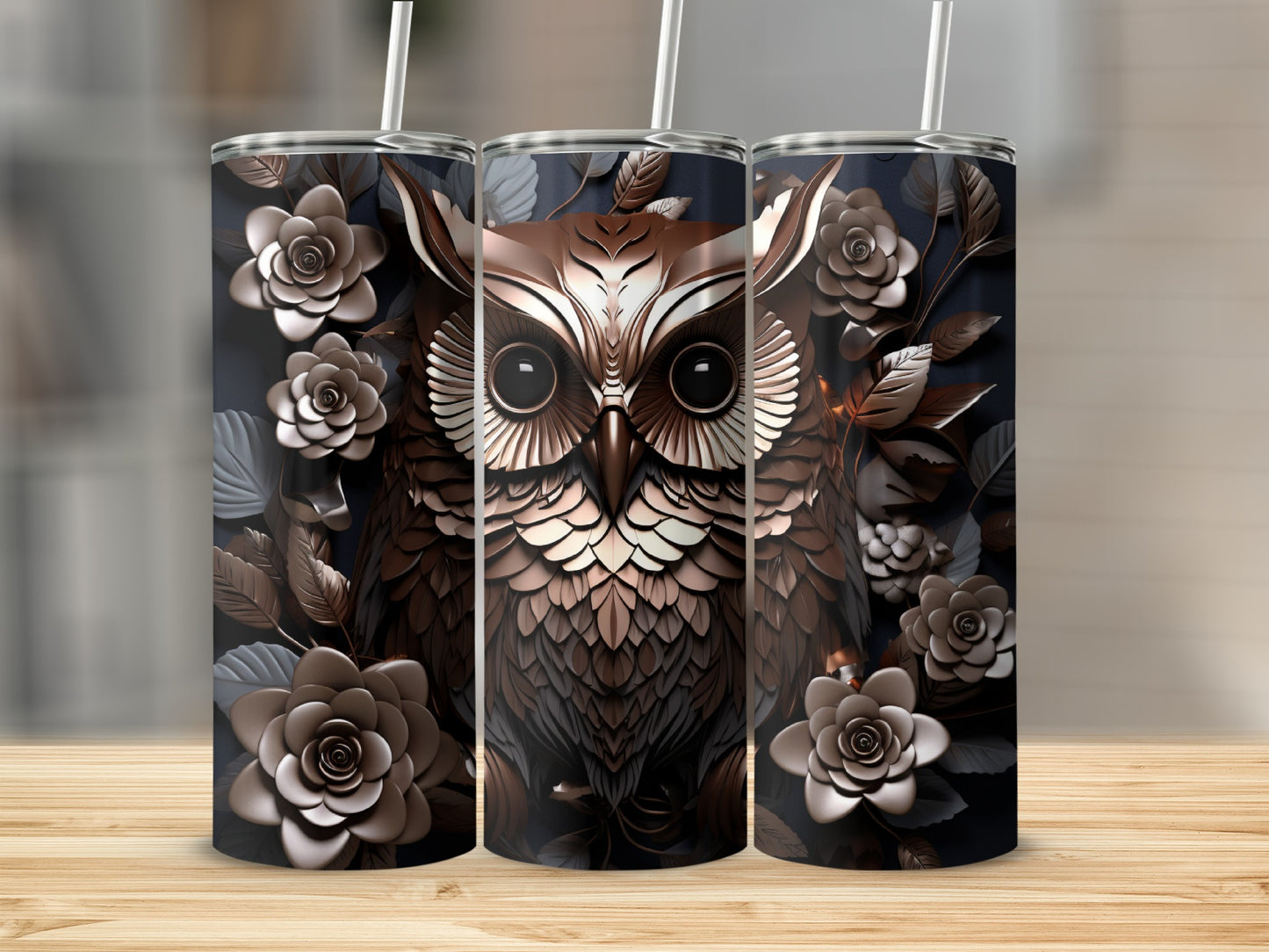 Brown owl design on three tumblers with floral accents.