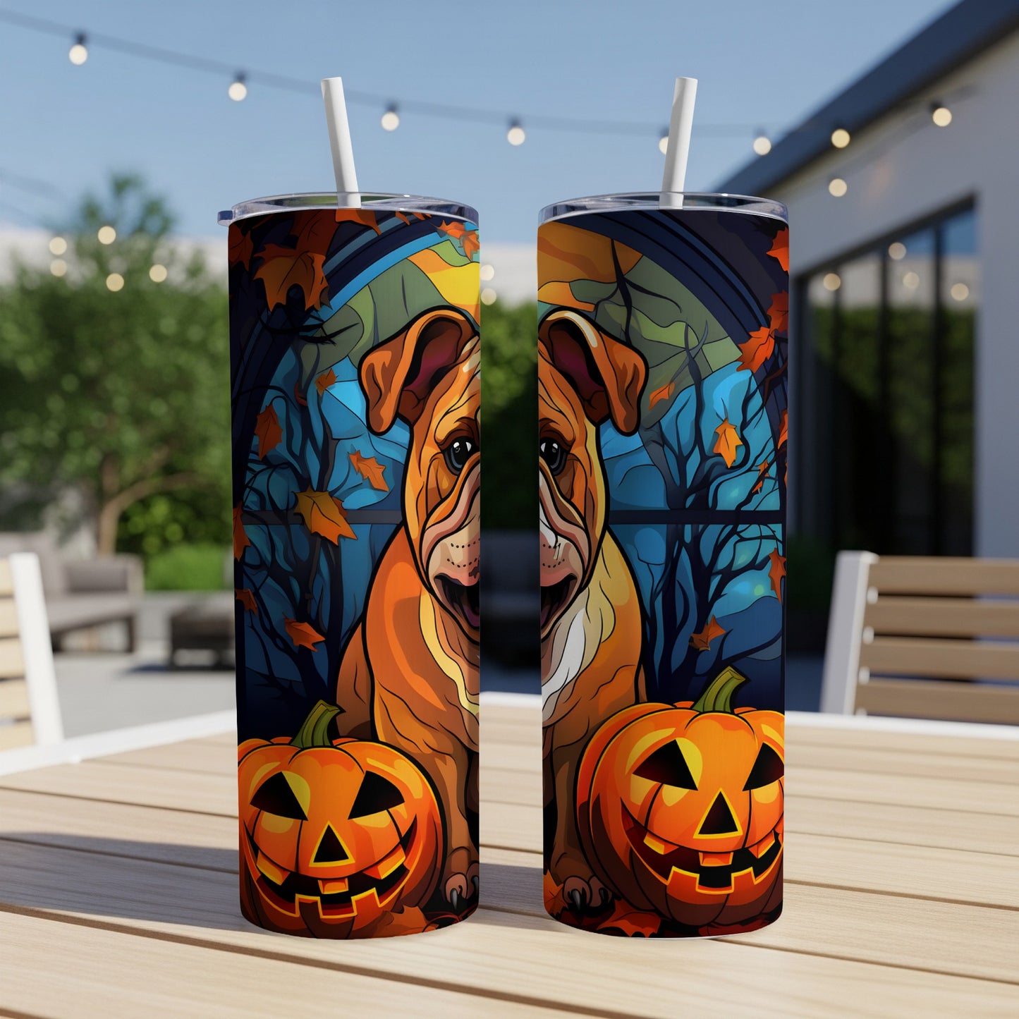 Two tumblers with a Halloween bulldog and jack-o'-lantern design.