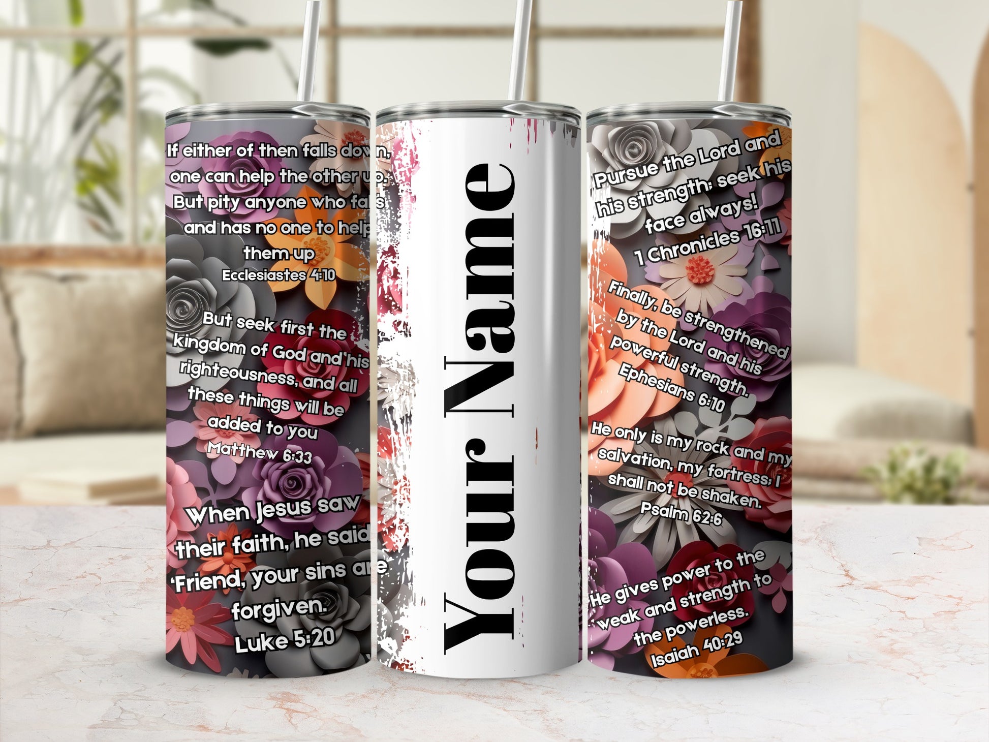 Personalized Floral Bible Verse Tumbler with Your Name