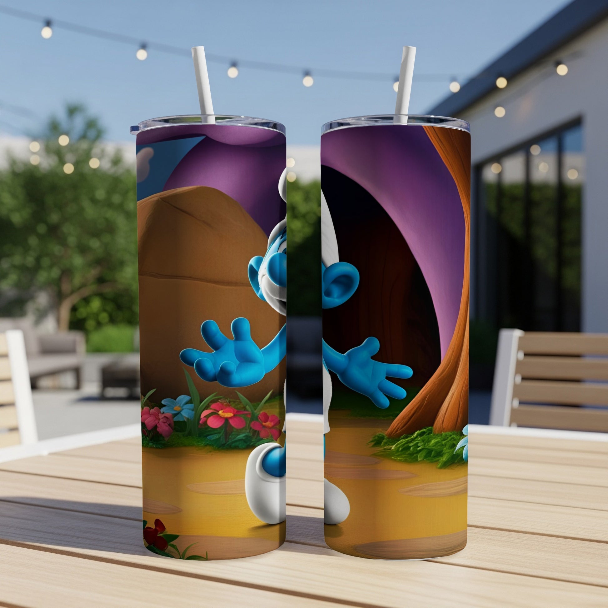 Smurf character in outdoor scene on two tumblers.