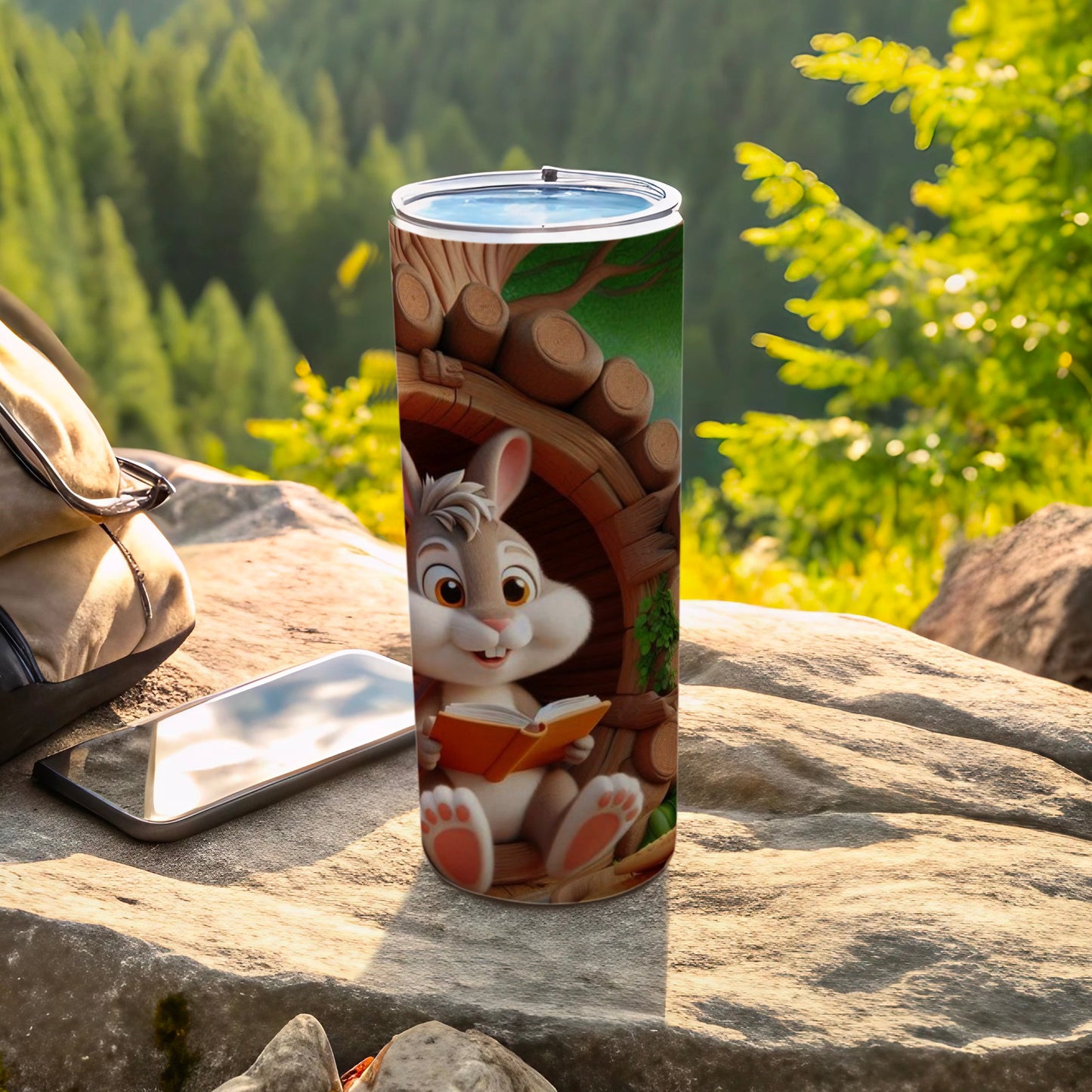 Cute Bunny Reading Book Design Tumbler Flask