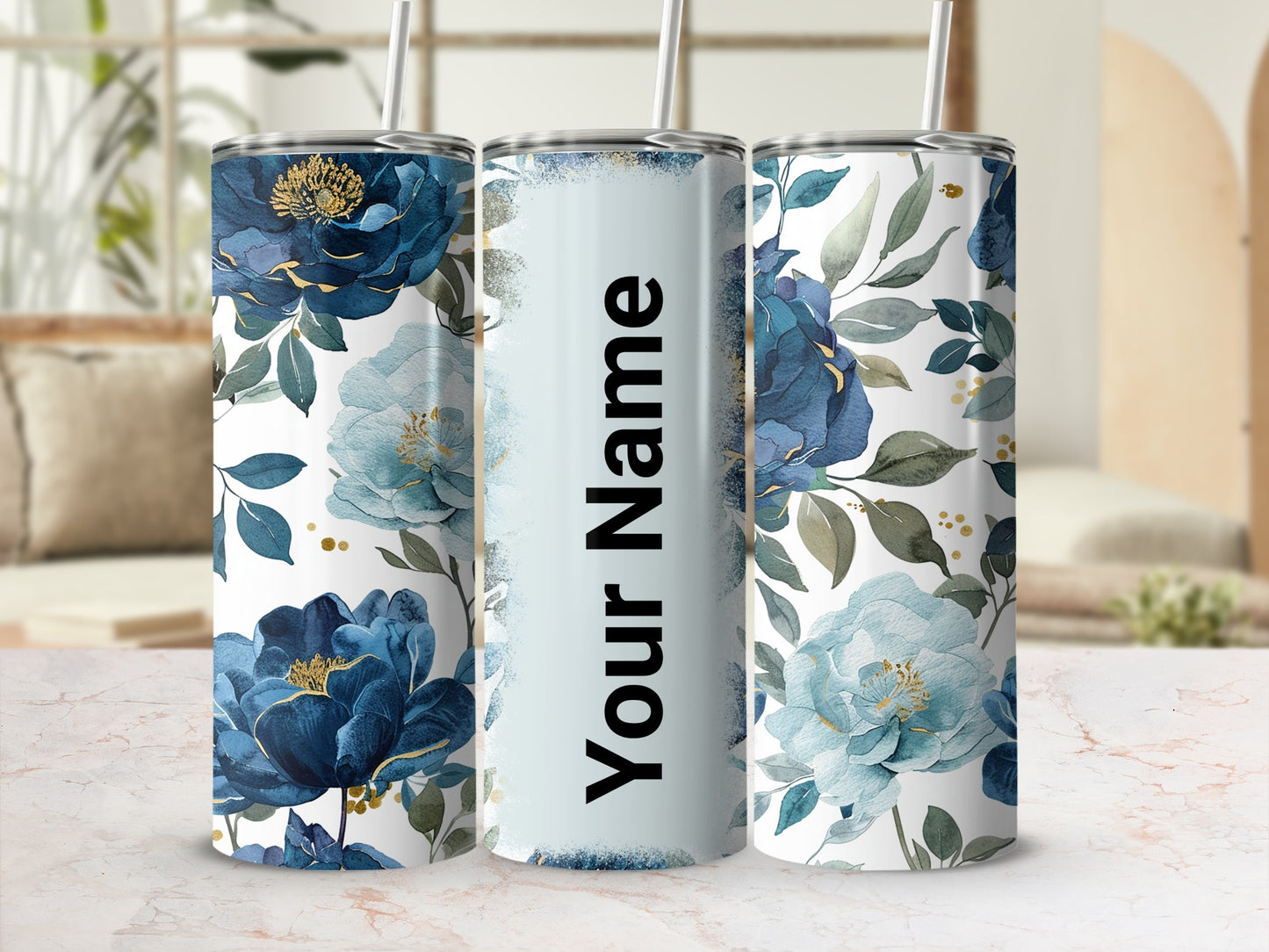 Personalized Blue Floral Your Name Insulated Tumbler