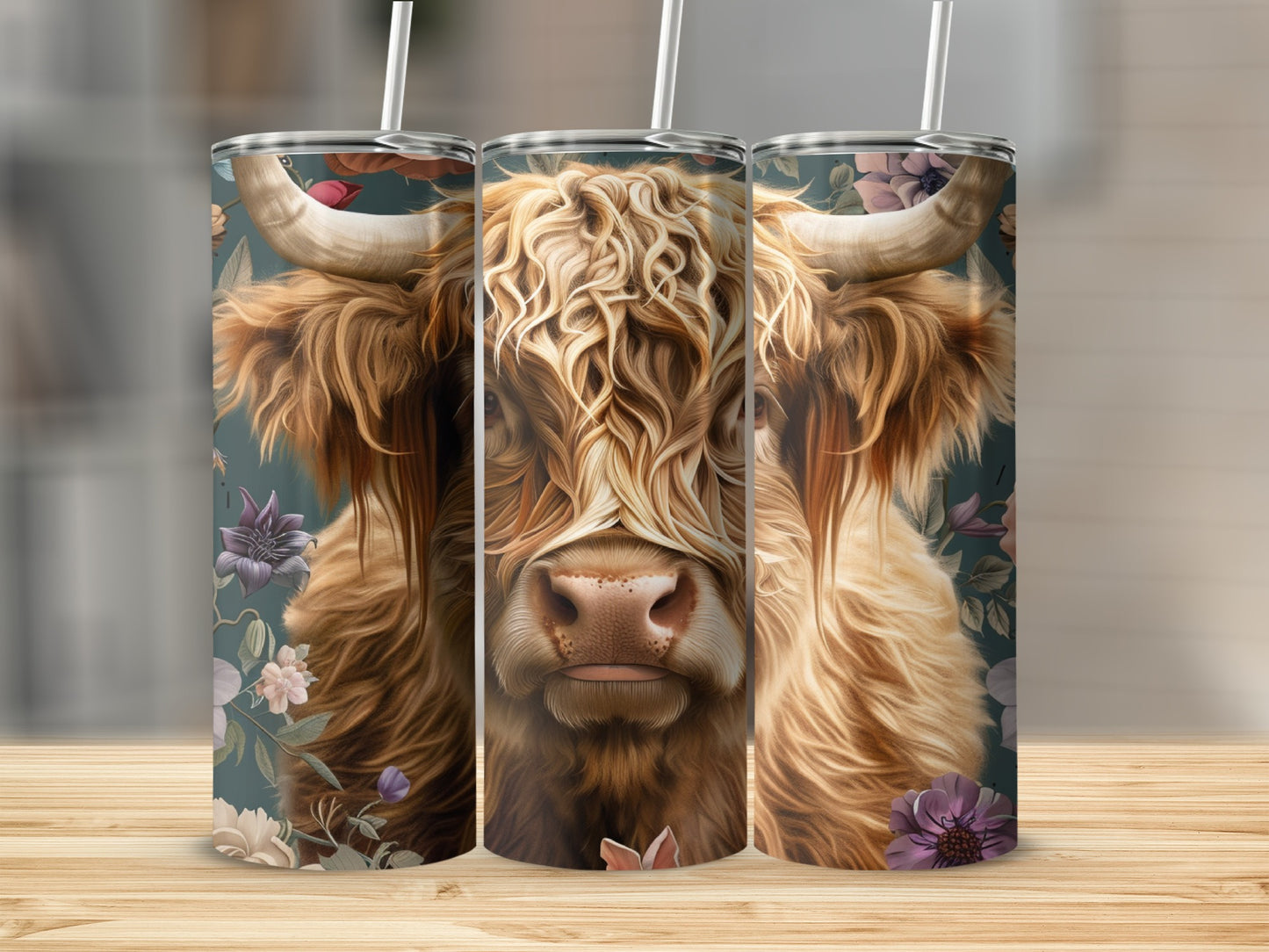 Highland cow with floral accents on a teal background, two tumblers.