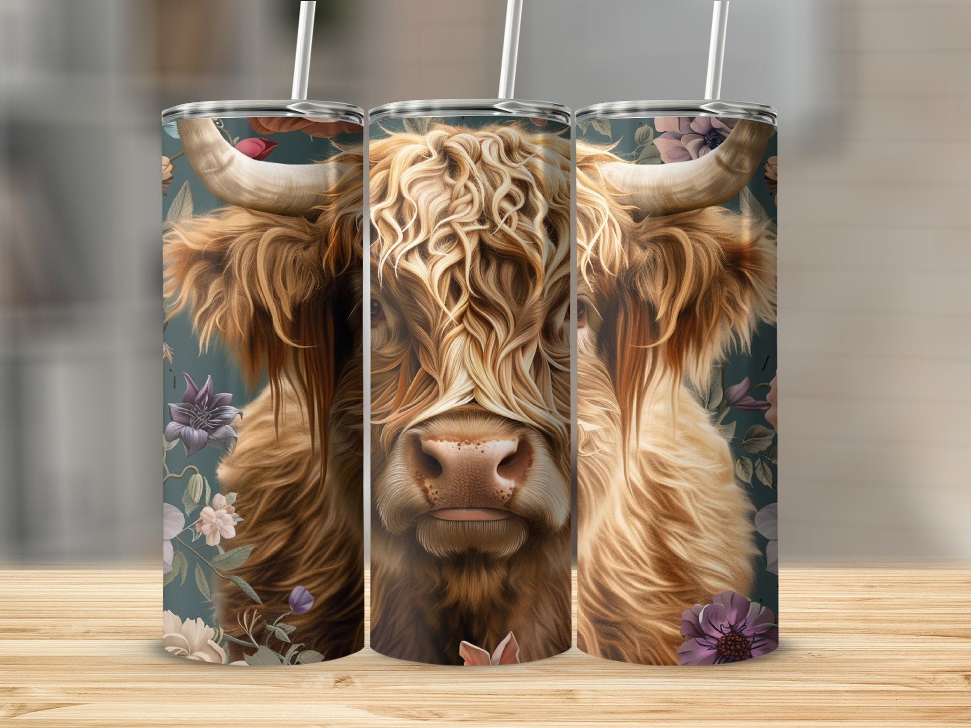 Highland cow with floral accents on a teal background, two tumblers.