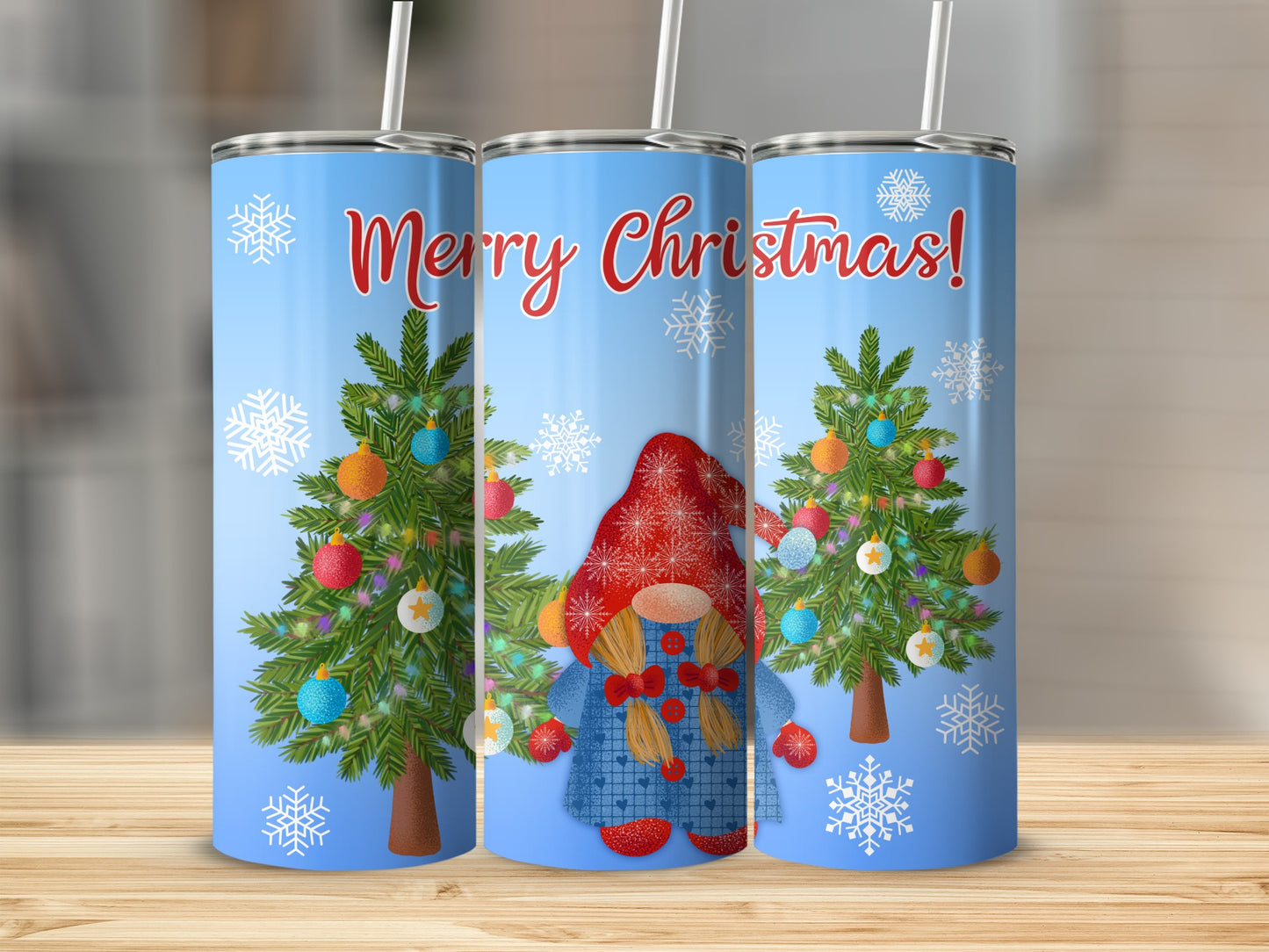 Merry Christmas gnome with trees and snowflakes on a tumbler.