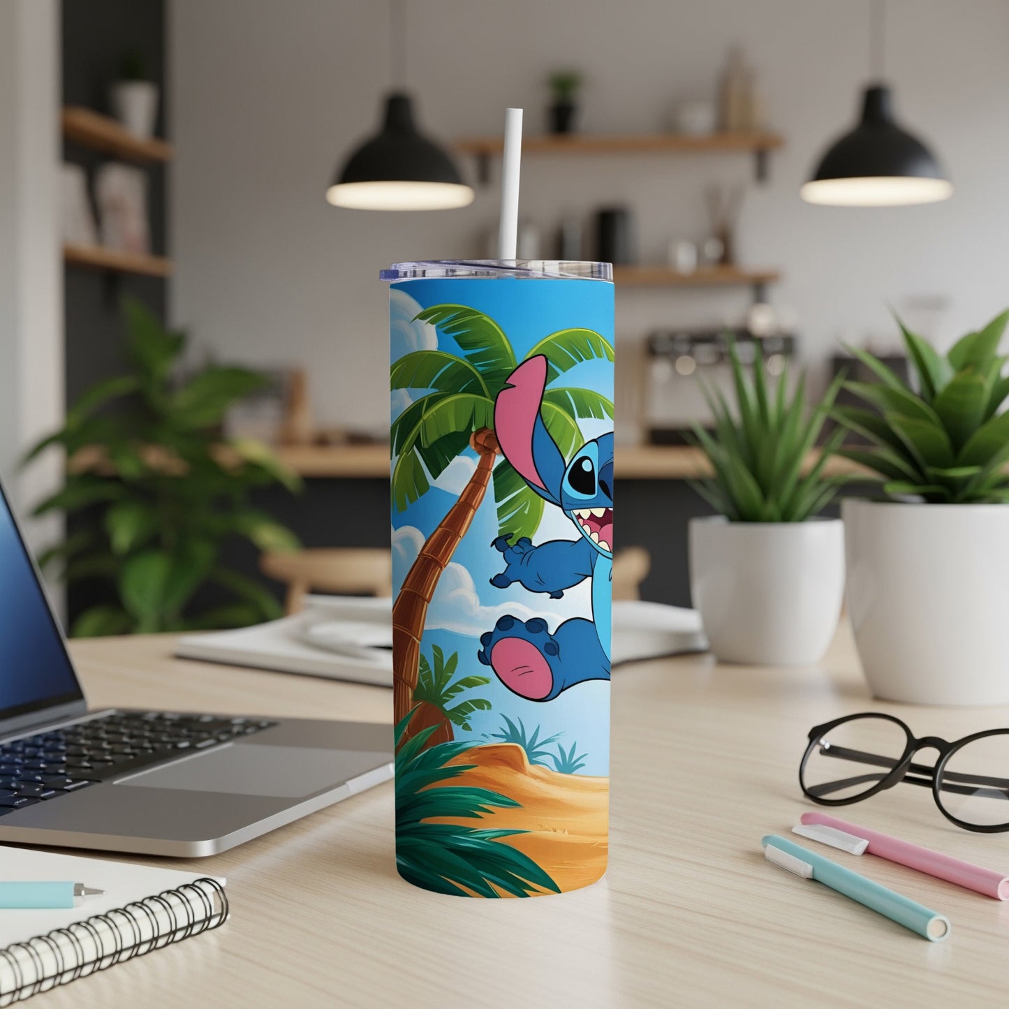 Stitch character on a tropical beach scene on a skinny tumbler with a straw.