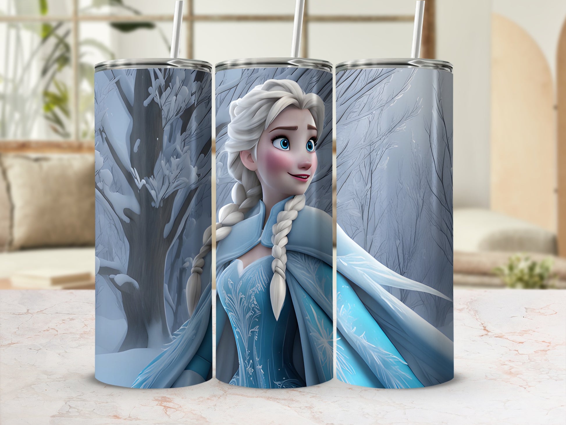 Frozen Elsa tumbler with snowy background.