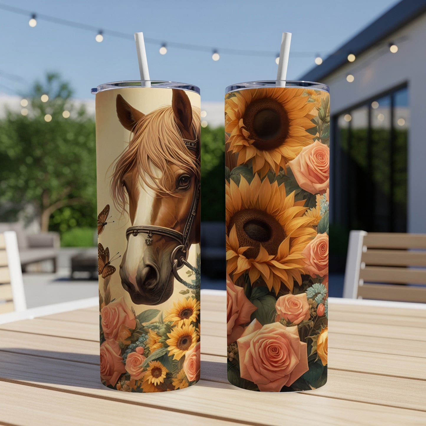 Two tumblers with horse and floral designs, one featuring a horse head, the other sunflowers and roses.