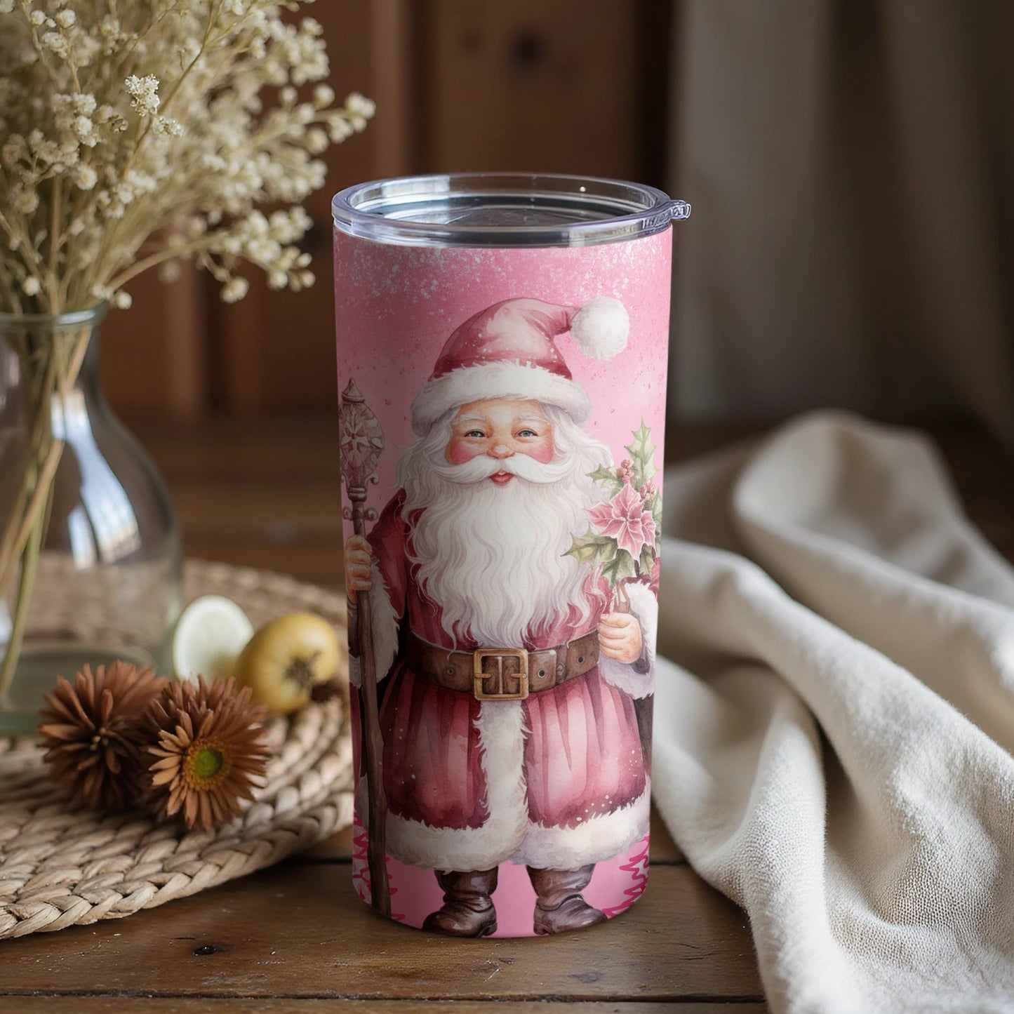 Festive Santa Claus Graphic Pink Tumbler for Holidays